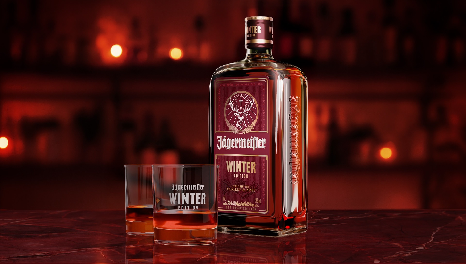 Jägermeister Winter Edition mit zwei Gläsern